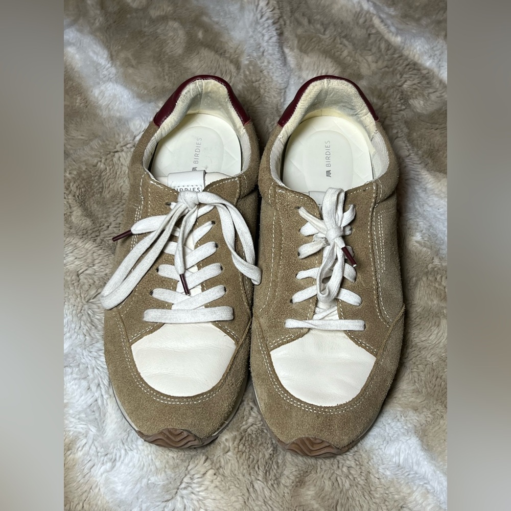 Birdies Suede Sneakers Tan Cream Burgundy Lace Up Comfort Casual Shoes, size 10